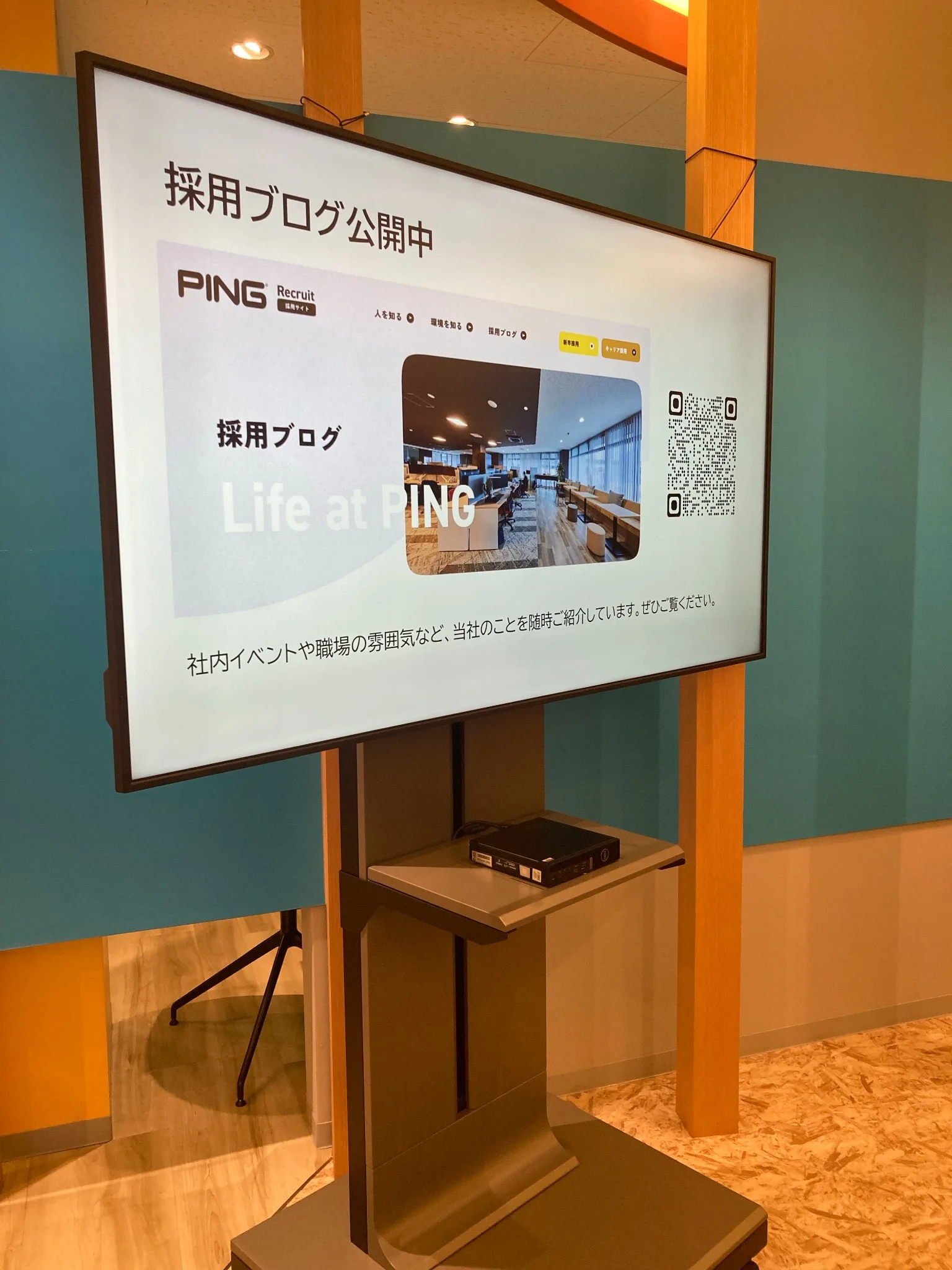 採用ブログとQRコードを表示するデジタルサイネージ画面