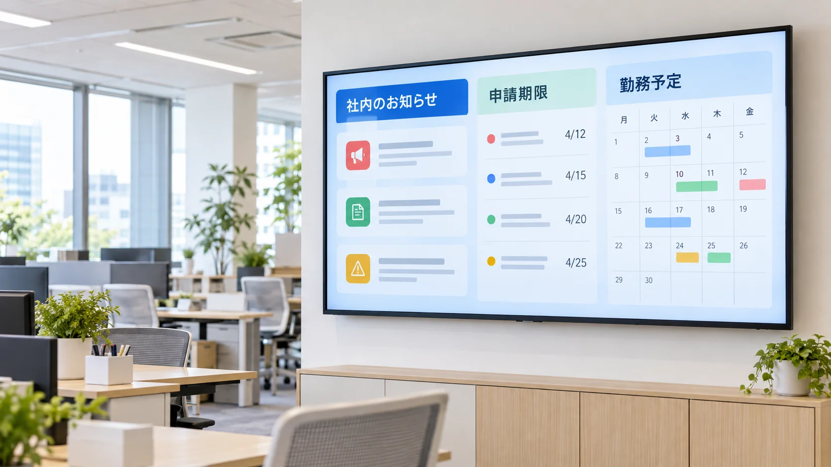 社内のお知らせや勤務予定を表示するサイネージのイメージ