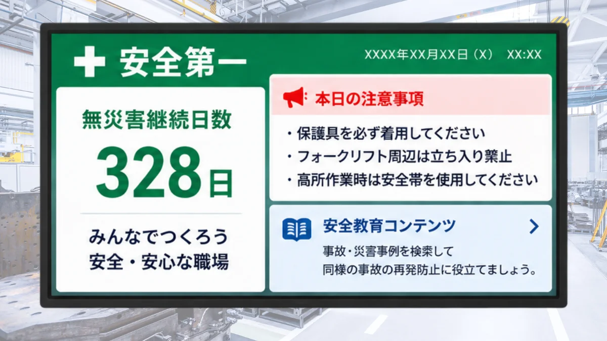 無災害継続日数、本日の注意事項、安全教育コンテンツをまとめた表示例