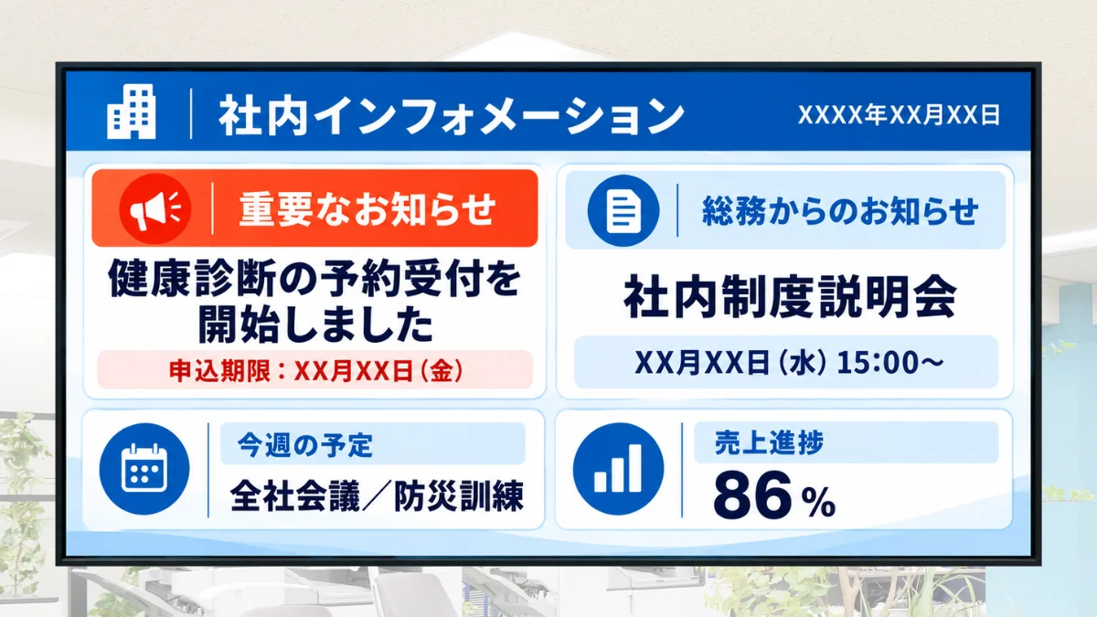 社内のお知らせや売上進捗をまとめたサイネージ表示例